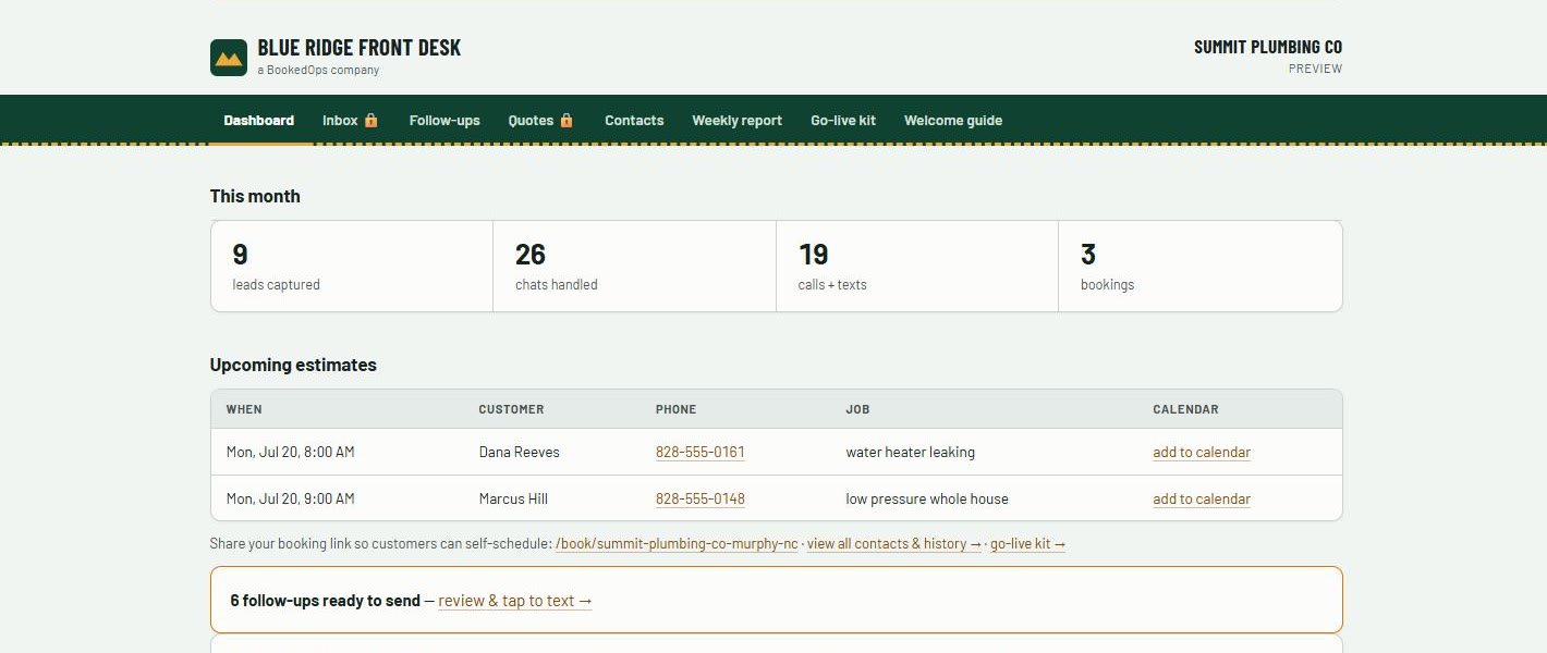 A BookedOps client portal showing recovered lead activity for a live account.