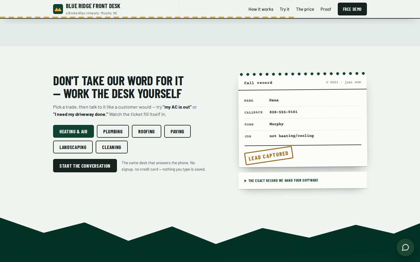 A completed conversation in the front-desk system beside the structured lead record it produced.