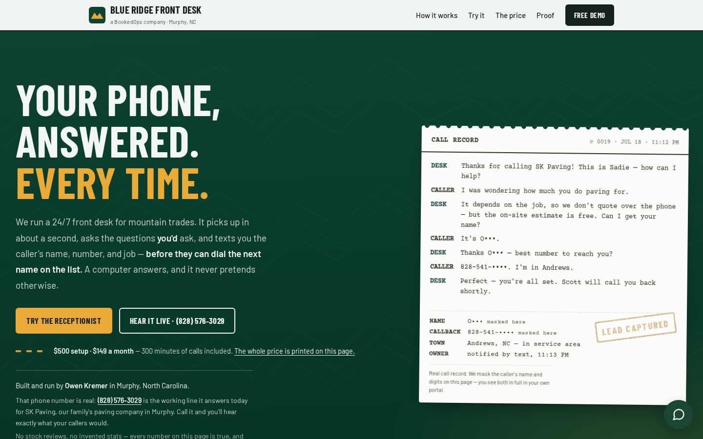 The Blue Ridge Front Desk website, showing the live call record and captured lead.
